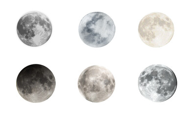 Six distinct full moon variations displayed in a celestial collection on transparent background