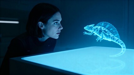 Woman observing holographic lizard
