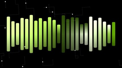Abstract digital sound wave equalizer with lime green gradient bars jumping on a black background. perfect for music, technology, and futuristic concepts.
