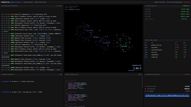 Distributed training dashboard with log panels health status tables model server events and glowing node clusters on a dark interface