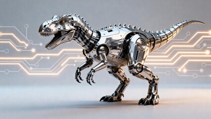 Metallic robotic dinosaur with glowing circuits