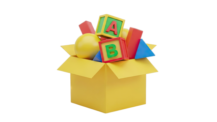 Box of colorful alphabet blocks and geometric shapes