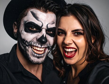 Spooky couple in Halloween costumes, smiling ferociously