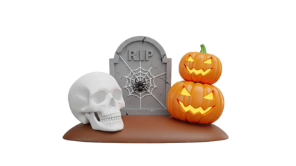 Halloween Scene with Skull, Tombstone, and Jack-o'-lanterns