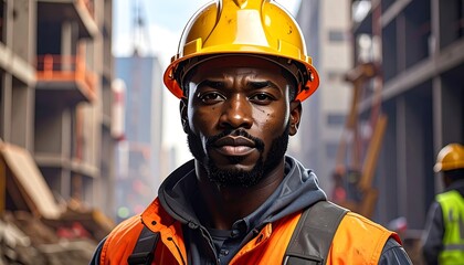 Portrait of a construction worker with a serious gaze, wearing a yellow hardhat and safety vest, set against a blurred urban construction scene