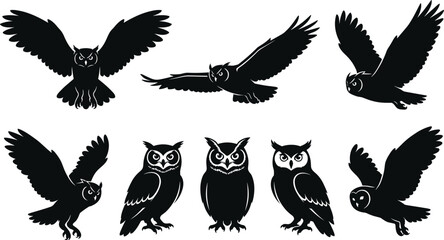 Obraz premium Owl silhouettes, black vector illustration, flying and perched owls, bird icons, minimal design, nature symbol, wildlife graphic, flat animal art