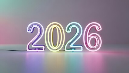 Colorful neon lights display the futuristic number 2026, signaling the start of a vibrant New Year celebration.