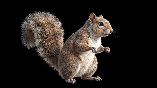 squirrel on black background standing upright with paws raised