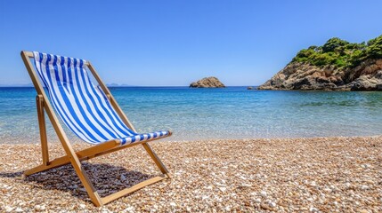 Obraz premium Striped deck chair on pebble beach calm sea view