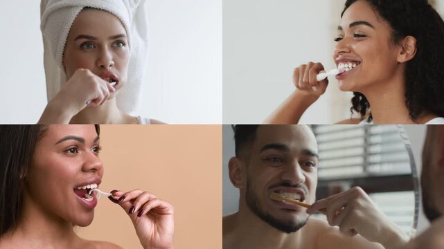 Focus on personal care as individuals engage in daily self care activities like brushing teeth, enhancing skin while enjoying moments of tranquility. Perfect for promoting relaxation and health.