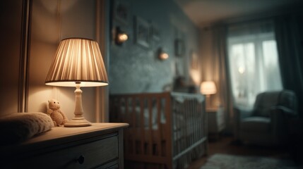 Calm baby bedroom at night with warm soft lamp light, minimal interior and neutral pastel colors creating a cozy safe peaceful atmosphere, cinematic lighting, realistic soft focus and serene stillness