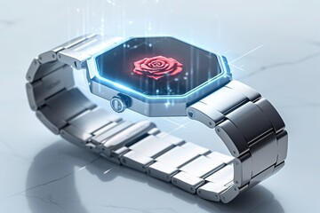 A stylish, high-tech wristwatch displays an elegant red rose hologram, set on a pure white marble surface, where it presents sharp lines and a shallow depth-of-field effect under studio lighting.