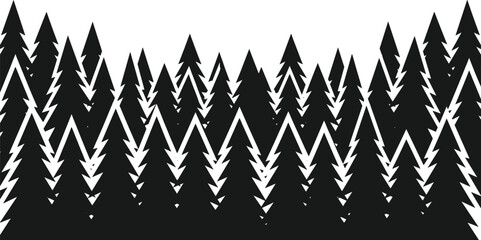 Abstract black pine forest silhouette pattern, geometric evergreen trees, modern woodland background, minimal nature design, isolated on white banner