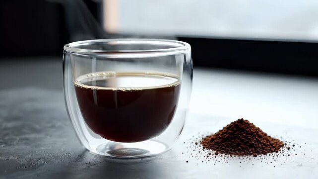 Close-up of a double-walled glass cup filled with dark roasted coffee next to a pile of freshly ground beans showcasing a morning ritual and rich aroma