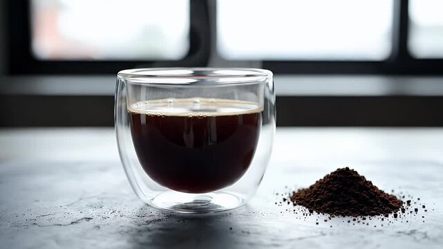 Close-up of a double-walled glass showcasing rich espresso coffee alongside freshly ground beans evoking a morning ritual and premium quality lifestyle