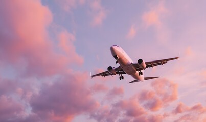 Obraz premium A passenger airplane flying across a dreamy sunset sky, vertical composition, viewed from below in dramatic perspective, aircraft mid-flight with landing gear partially extended