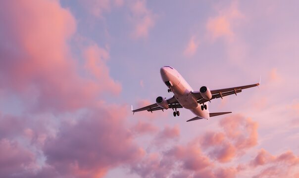 A passenger airplane flying across a dreamy sunset sky, vertical composition, viewed from below in dramatic perspective, aircraft mid-flight with landing gear partially extended
