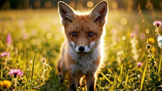A red fox kit jumping in a field of colorful flowers with warm sunlight, captured in a close-up portrait with a shallow depth of field.