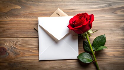 A vibrant red rose rests upon a crisp white envelope, atop a textured wooden surface, near a brown envelope