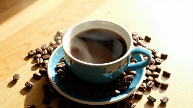 A comforting cup of freshly brewed coffee sits surrounded by roasted beans on a wooden surface bathed in warm morning light a perfect moment for relaxation and focus