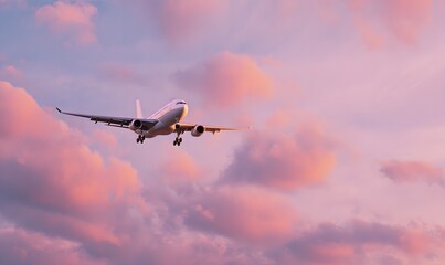 A passenger airplane flying across a dreamy sunset sky, vertical composition, viewed from below in dramatic perspective, aircraft mid-flight with landing gear partially extended