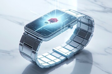 A stylish, high-tech wristwatch displays an elegant red rose hologram, set on a pure white marble surface, where it presents sharp lines and a shallow depth-of-field effect under studio lighting.