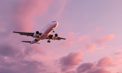A passenger airplane flying across a dreamy sunset sky, vertical composition, viewed from below in dramatic perspective, aircraft mid-flight with landing gear partially extended