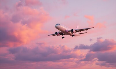 A passenger airplane flying across a dreamy sunset sky, vertical composition, viewed from below in dramatic perspective, aircraft mid-flight with landing gear partially extended