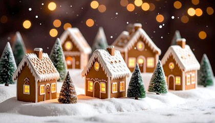 A charming, whimsical winter scene depicting gingerbread houses nestled amidst snow-covered ground and miniature fir trees, with warm lights
