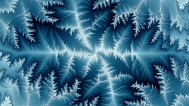 Abstract fractal pattern in blue and white hues, resembling frost or ice crystals forming intricate, symmetrical designs