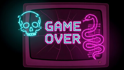 game over screen with glitching skull neon snake and cracked retro monitor display representing a digital cyber security threat or system error.
