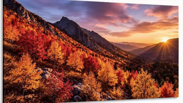 Breathtaking Autumn Mountain Landscape at Sunset - Vibrant Fall Foliage and Golden Hour Light Bathes a Majestic Valley in Warm Rich Colors