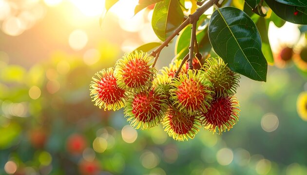 Close-up of exotic fruit cluster hanging on a branch, bathed in golden sunlight against a blurred green backdrop