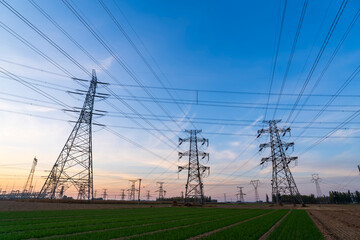 The pylons are in the evening, Substation in the evening, High voltage substation and beautiful sunset glow