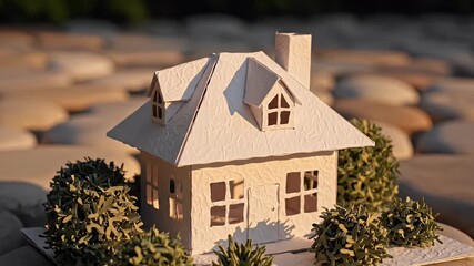 Charming miniature paper house with a cozy feel nestled amongst lush greenery and bathed in warm golden hour light a whimsical illustration perfect for real estate or lifestyle themes