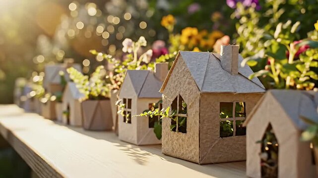 Charming miniature paper houses nestled amongst vibrant wildflowers and greenery bathed in warm golden sunlight a whimsical scene evoking cozy homes and natural beauty