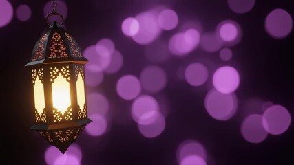 A traditional lantern with intricate designs glows warmly against a dark background with purple bokeh lights, symbolizing Fake News.