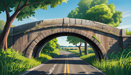 Fototapeta premium A stone bridge arches over a quiet country road lined with green grass and trees under a bright blue sky creating a peaceful rural summer scene full of sunlight