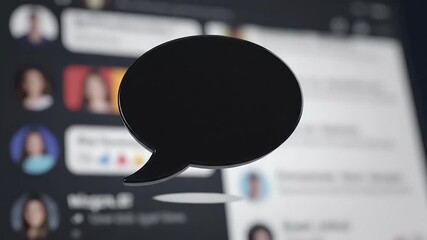 Close-up of a black speech bubble icon in front of a blurred computer screen representing online communication social media and digital dialogue concepts - Powered by Adobe