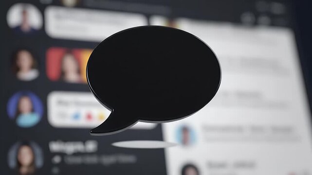 Close-up of a black speech bubble icon in front of a blurred computer screen representing online communication social media and digital dialogue concepts