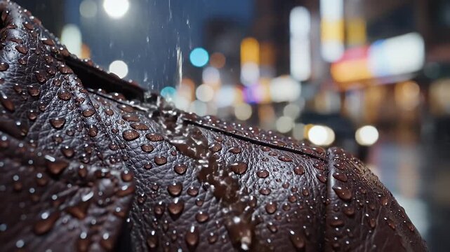 Close-up of a brown leather jacket being splashed with water droplets against a blurred city nightlife background conveying motion and urban style