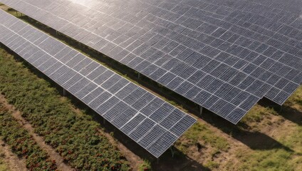 Solar panels in a field generating renewable energy.