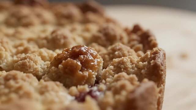 Close-up of a delicious crumbly fruit crumble dessert showcasing golden brown textures and juicy berry filling perfect for food blogs menus and baking promotions