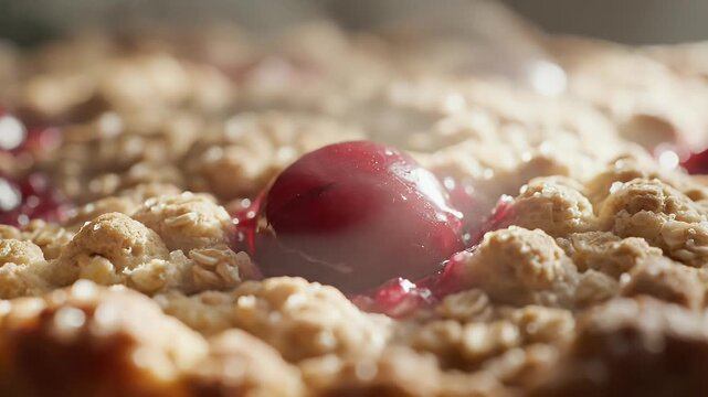 Close-up of a delicious cherry pie with a golden crumb topping showcasing fresh fruit and rustic baking for food blogs menus or culinary advertising