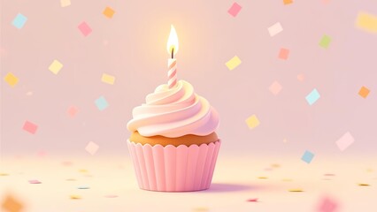 A cupcake with a lit candle and confetti on a pastel background