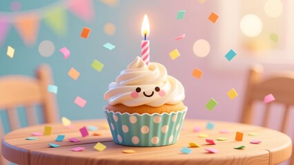 A cupcake with a lit candle and confetti on a round wooden table in a festive setting