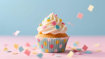 A colorful cupcake with sprinkles on a pastel background