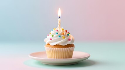 A cupcake with white frosting and colorful sprinkles sits on a plate with a lit candle