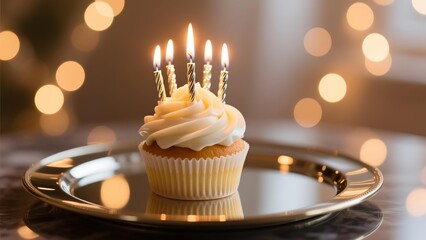 A cupcake with lit candles on a silver tray in a warmly lit setting