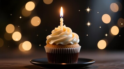A cupcake with a lit candle on a black plate surrounded by glowing bokeh lights and stars on a dark background